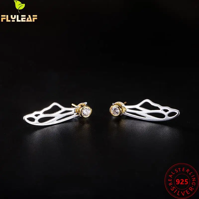 

925 Sterling Silver Hollow Wings Zircon Stud Earrings For Women High Quality Female Vintage Jewelry Handmade