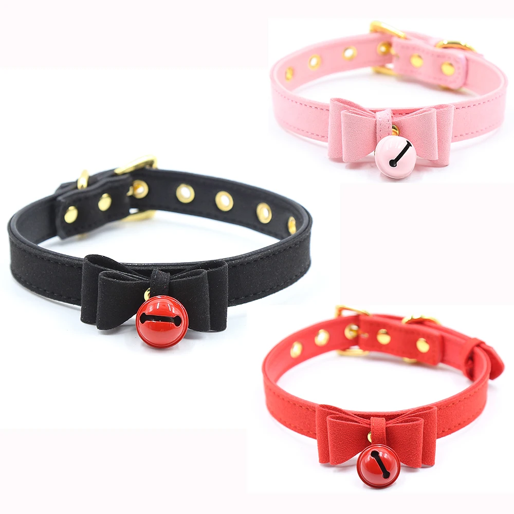 БДСМ ошейник для рабства из искусственной кожи с колокольчиками бантами