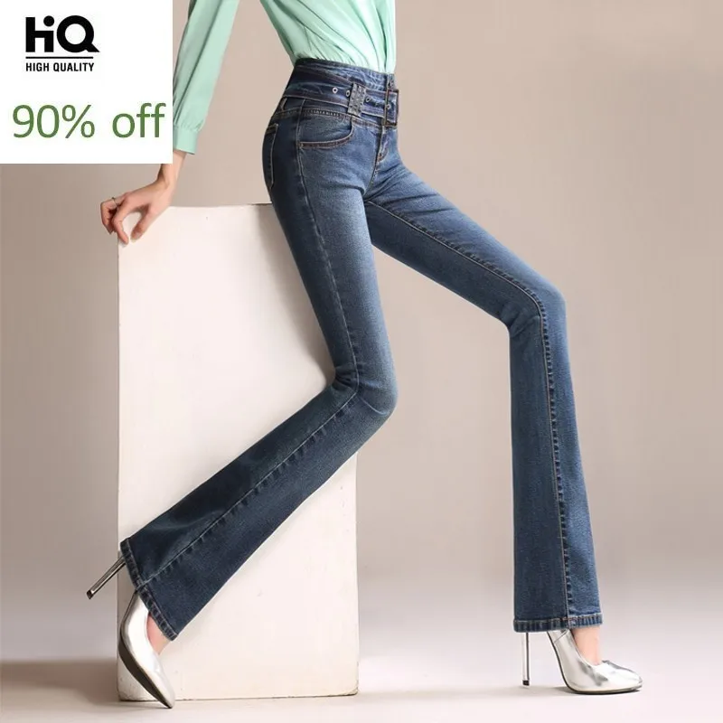 

2020 New Arrival Personality Buckle Design Womens Jeans High Waist Denim Wide Leg Pants Autumn Comfort Stretch Female Trousers