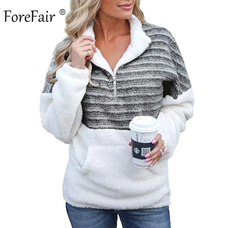  Forefair Stripe Plush Sweatshirt Women Winter Pullovers Long Sleeve High Neck Oversize Faux Fur War