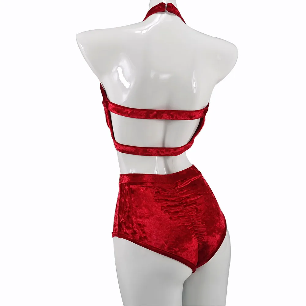 Hope&Win Newest Women's Pole Dance Clothing Velvet Asymetrical Crop Top Sexy Shorts Club Velvet Asymetrical Bottoms