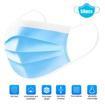 

50Pcs face mask Disposable Mouth Masks 3-Layer Non-woven Fabric Breathable Face Masks Anti-Fog Anti Dust Safty Mask