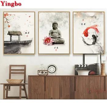 

3 Pieces DIY 5D Diamond Painting Flowers Buddha Full Square round Chinese Calligraphy Painting Diamond Embroidery Cross Stitch