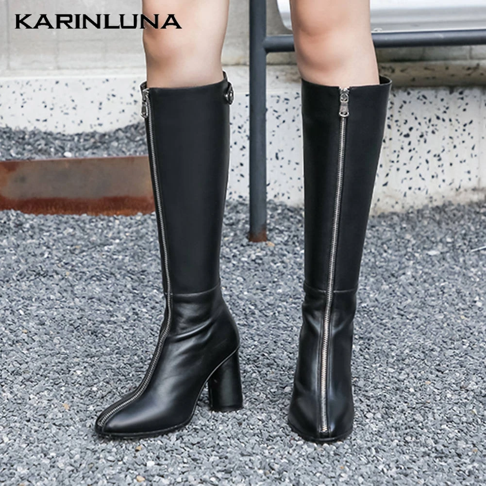

Karinluna 2019 On Sale Genuine Leather Winter Shoes Woman Riding Boots Women High Heels Knee High Boots Female Shoes