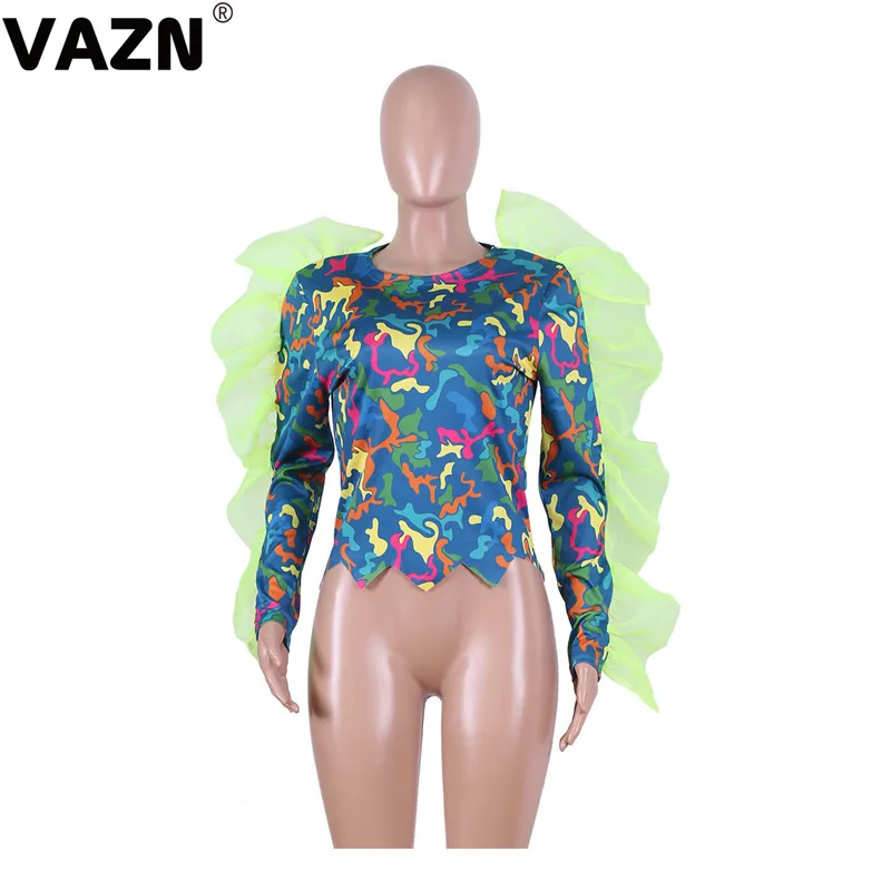 VAZN, камуфляжная, удобная, популярная, кружевная, новинка, женская мода, элегантный топ,, Повседневная футболка, высокий ворот, полный рукав, женская футболка