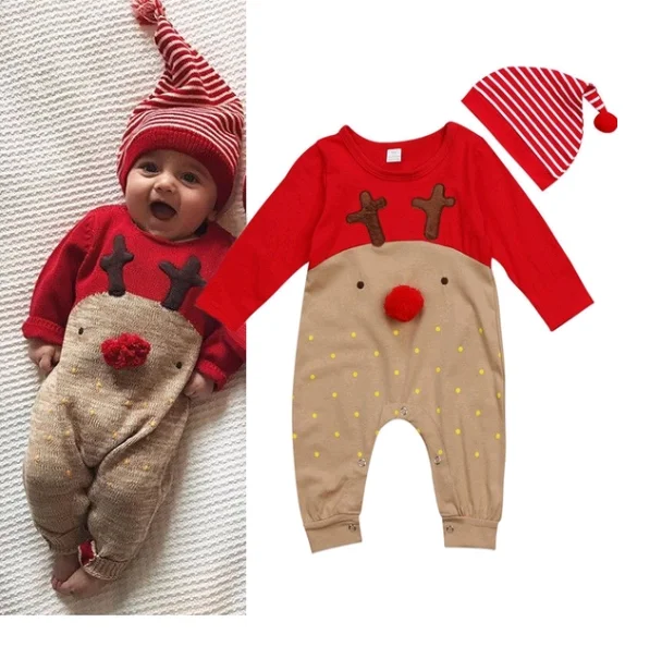 

Newborn Baby Boys Girls Christmas Reindeer Romper Clothes Cartoon Deer Xmas Long Sleeve Jumpsuit With Striped Hat 0-24M