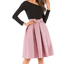 Женские весенние юбки размера плюс с бантом и высокой талией, повседневные плиссированные юбки до колена, Женские однотонные трапециевидные юбки