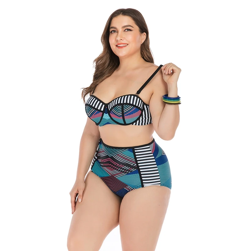 

2019 Women Plus Size Bikini Patchwork Strappy High Waist Swimwear Tankini Top Bottom Lady Plus Size Beach Swimsuit