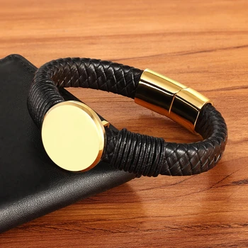

XQNI Luxury Classic Round Coin Pattern Stainless Steel Men's Leather Bracelet Braided High Quality Men's Bangle Christmas Gift