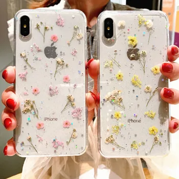 

Real Dry Flower Glitter Clear Case For iPhone X XR 11 Pro XS MAX Epoxy Star Transparent Case For iPhone 8 7 Plus 6 6s Soft Cover