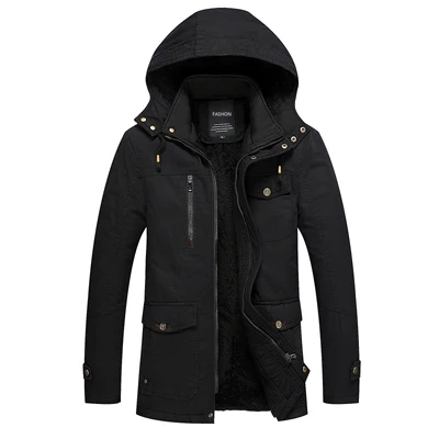 DIMUSI зимние мужские куртки, повседневные мужские флисовые теплые ветровки средней длины с капюшоном, мужские армейские тактические куртки, одежда 5XL - Цвет: Black