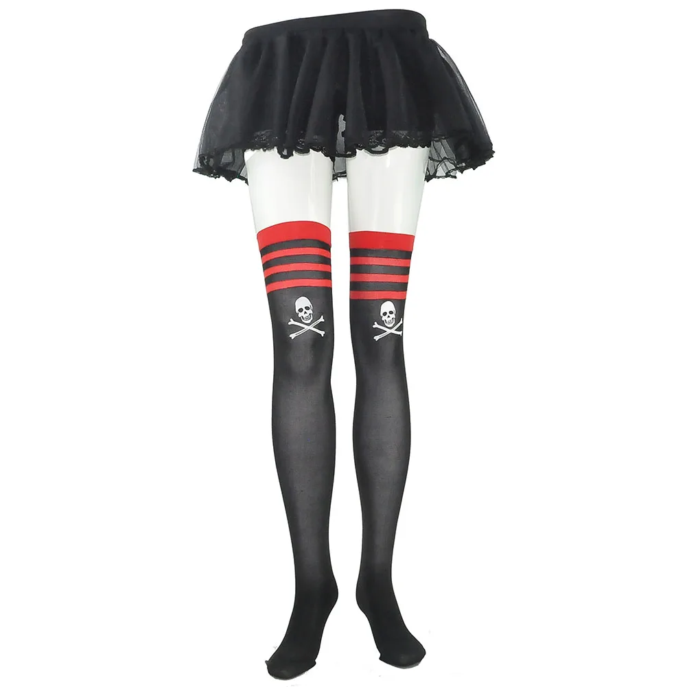 

Women Thigh Long One Size Party Thin Cosplay Skull Print Halloween Elastic Polyester Over Knee Breathable Stockings
