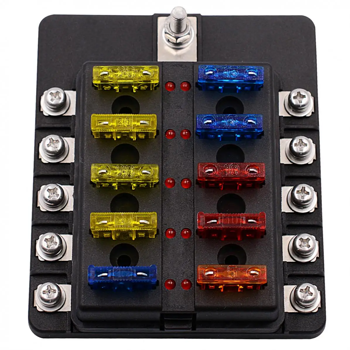 Max 32V Plastic Cover 10 Way Blade Fuse Box Holder M5 stud with LED Indicator for Car Boat Marine New