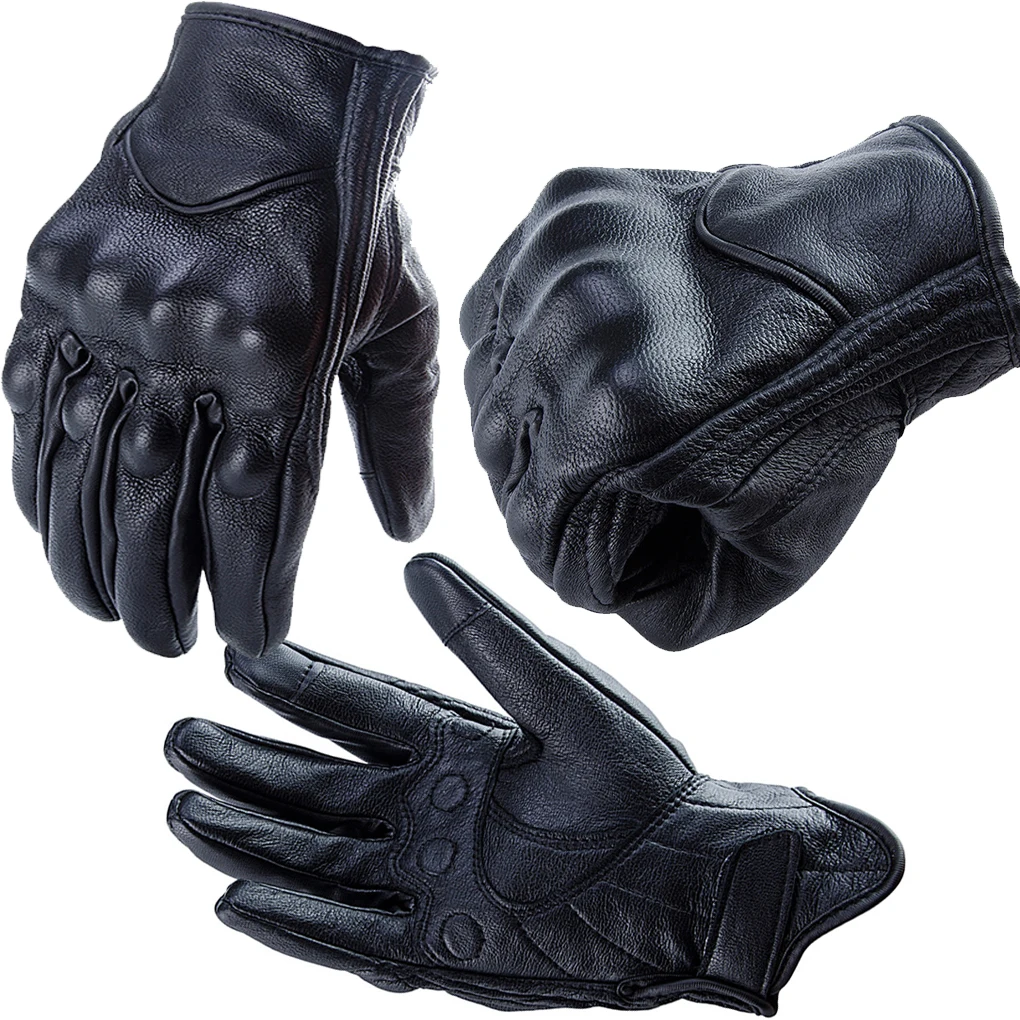 1 Pair Retro Leather Motorcycle Motocross Gloves Touch Screen Full Finger Protective Gears Motorbike Gloves