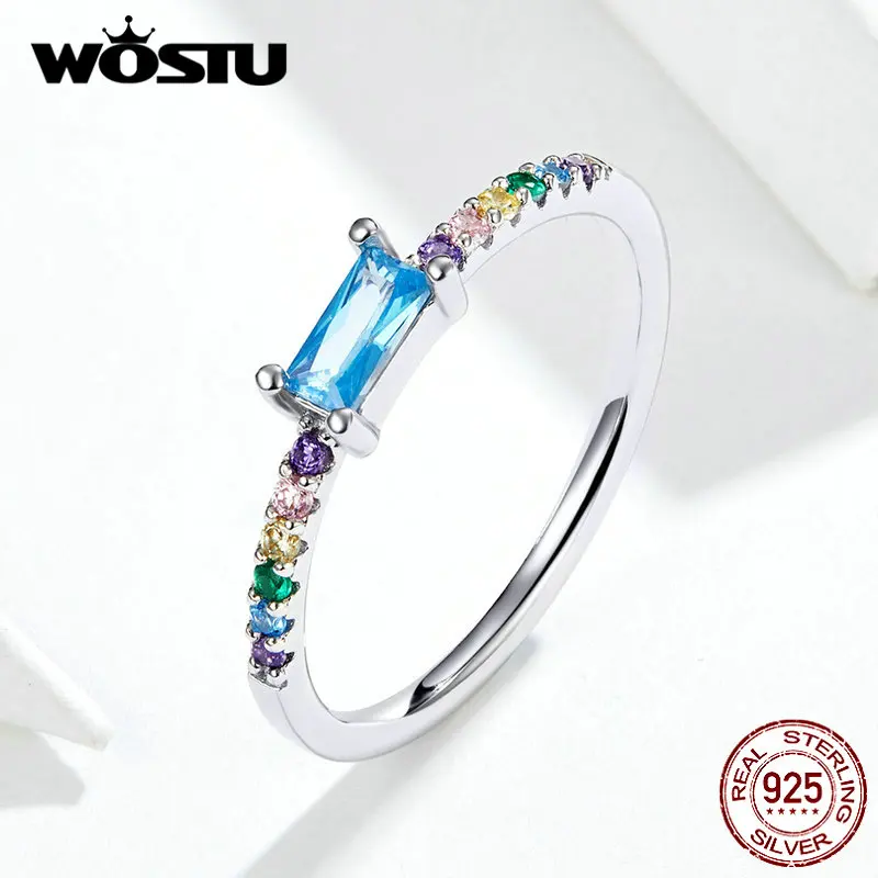 WOSTU Аутентичные 925 пробы Серебряные Красочные кольца для женщин уникальная Радуга с ReFNangle голубой циркон кольца ювелирные изделия FIR590