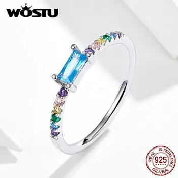 

WOSTU Authentic 925 Sterling Silver Colorful Rings For Women Unique Rainbow With ReFNangle Blue Zircon Rings Jewelry FIR590