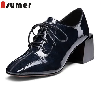 

ASUMER 2020 newest top quality patent leather women pumps lace up spring summer single shoes square heel dress shoes woman