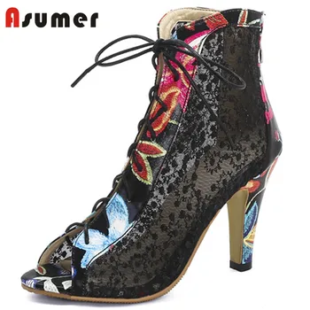 

ASUMER 2020 big size 33-44 women ankle boots lace embroid thin high heels party prom shoes peep toe summer boots female