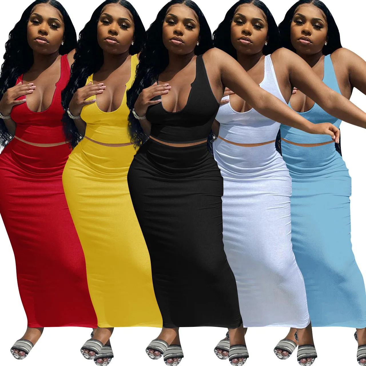 Sleeveless Two-Piece Sets Women Slim Tank Top And High Waist Midi Skirt Dresses Sexy Ladies Party Outfits Suits Sexy maternity dresses for baby showers sexy bodycon dress sleeveless cut out tank top photo shoot dress for pregnant women