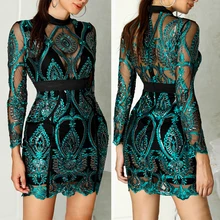 Summer Sequin Dress Long Sleeve SexyBodycon Slim Pencil Party Dress Mini embroidery Dresses For Female#734