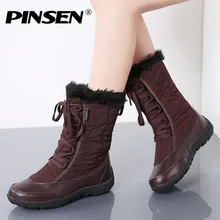 PINSEN/высококачественные женские зимние ботинки на танкетке женские плюшевые ботинки до середины икры женские теплые Нескользящие Водонепроницаемые зимние ботинки