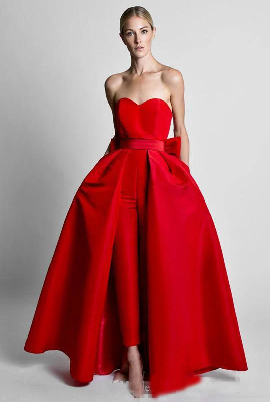 Women's Elegant Red Satin Jumpsuit Evening Dress with Detachable Skirt Sweetheart Neck Prom Celebrity Party Gown image 4