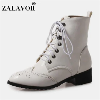 

ZALAVOR Women Ankle Boots Swing Casual Women Flats Lacing Vintage Thick Heel Patent Leather Walk Shoes Women Footwear Size 32-43