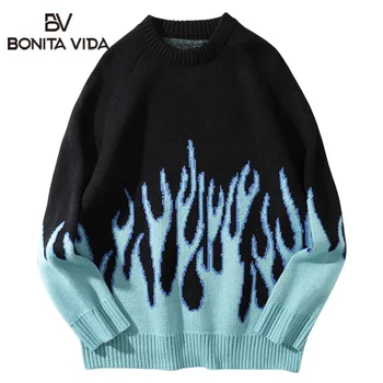

Bonita Vida Oversized Retro Flame Pattern Sweater Men 2020 Autumn Winter Casual Streetwear Loose Hip Hop Pullover Knitwear