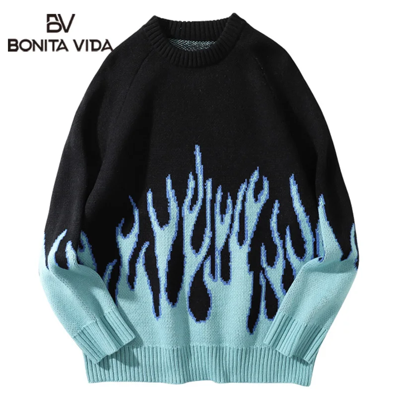 

Oversized Retro Flame Pattern Sweater Men Autumn Winter Casual Streetwear Loose Hip Hop Pullover Knitwear