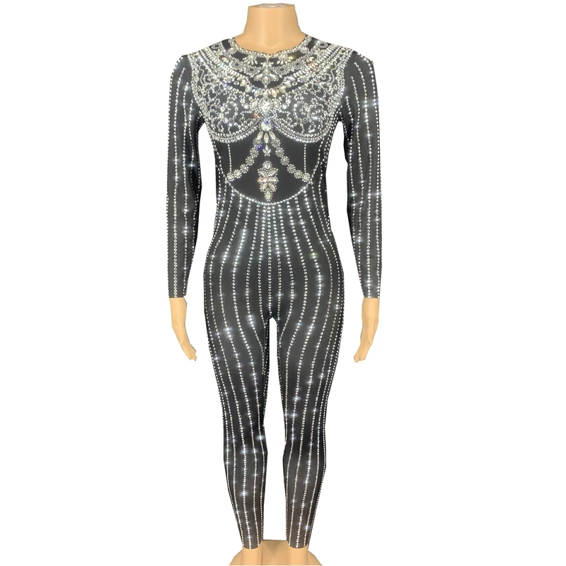 

Sparkly Rhinestone Jumpsuit Headdress Women Long Sleeve Fashion Nightclub Bar Prom Party Outfit Singer Dance Costume Stage Wear