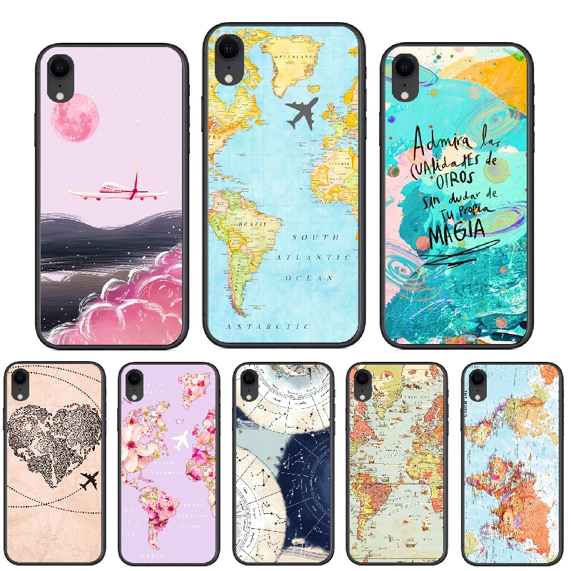 

Phone Case For iPhone 6 6S 7 8 Plus X XS max XR World Map Travel Black Matte Soft TPU Phone Case Cover For Iphone 5 5S SE