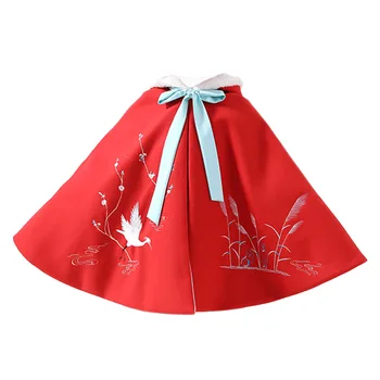 

Fur Hooded Cape Chinese Style Hanfu Cloak Autumn Winter Woolen Thick Child Embroidered Floral Overcoat Retro Girl Baby Cape