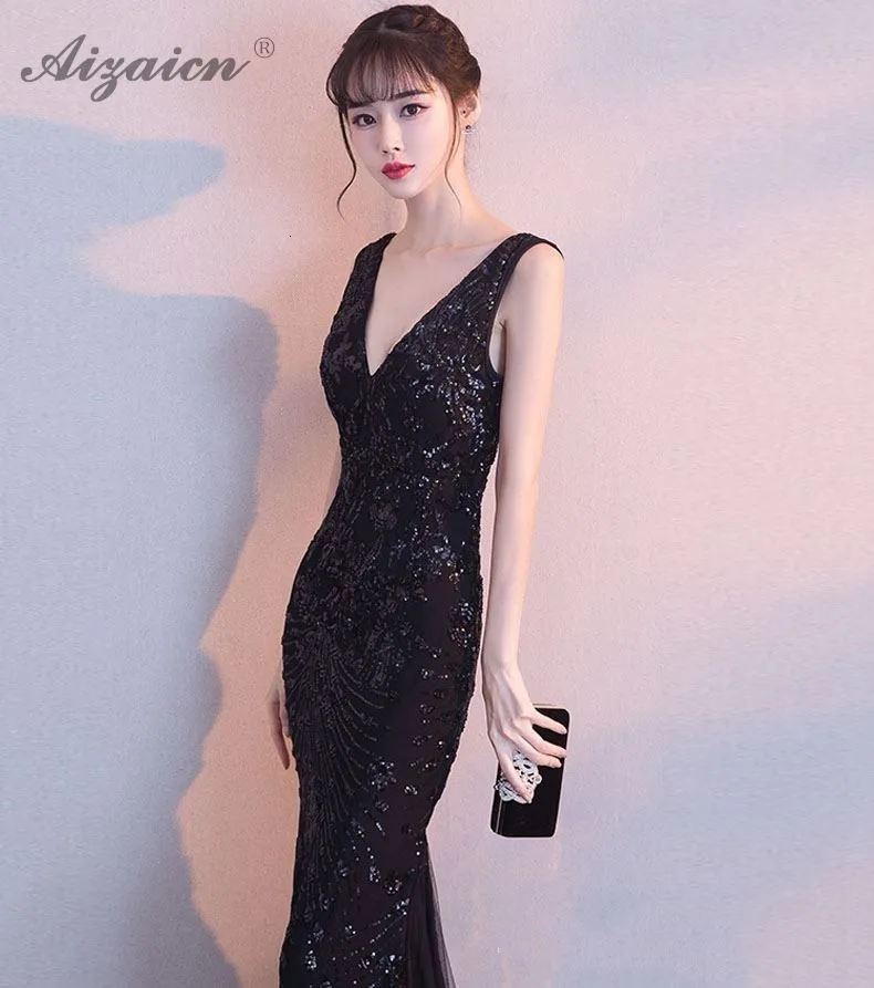 Черные вечерние платья с глубоким v-образным вырезом Qipao Promtion Cheongsam современные Вечерние платья Русалка Qi Pao женское китайское платье халат
