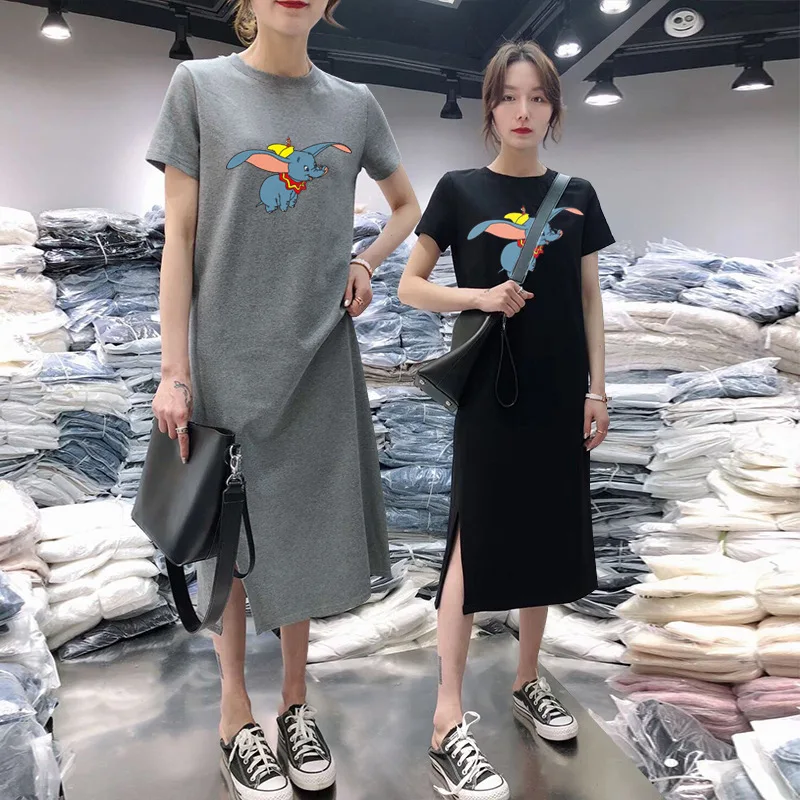

Short-sleeve Dress Women's Spring And Autumn Casual Belly Covering Large Size Loose-Fit Mid-length over-the-Knee Base T-shirt Sk