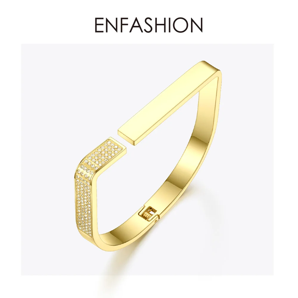 

ENFASHION Elegant Crystal D Shape Cuff Bracelets Bangles For Women Gold Color Stainless Steel Open Bangle Fashion Jewelry B2044
