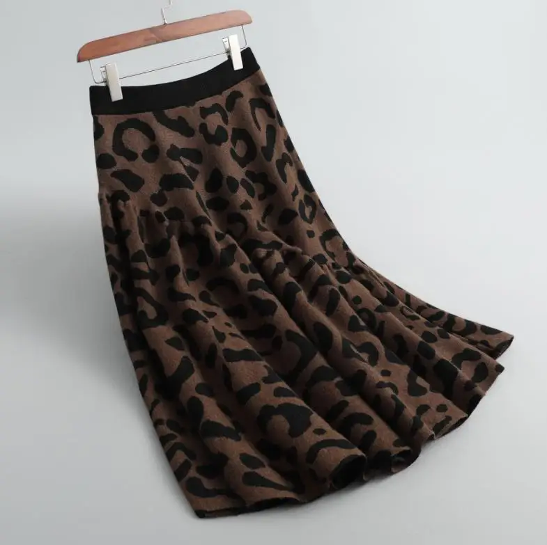 Зимняя юбка Женская шерстяная вязанная винтажная леопардовая юбка эластичная высокая талия элегантная офисная трапециевидная юбка миди Корейская Jupe Femme