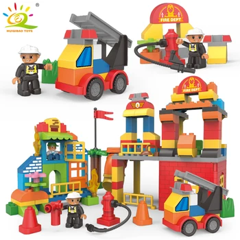 

HUIQIBAO 124pcs DIY Big Size City Fire Station Building Block Compatible Duploe Truck Brick Firefighter Figure Toys For Children
