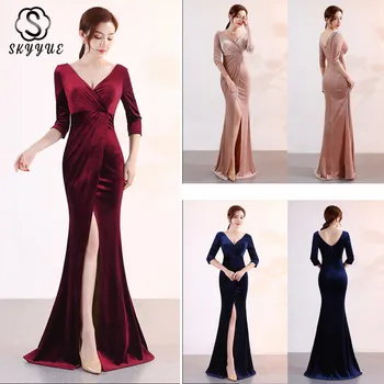 

Skyyue Split Wrap Formal Dress Women Elegant Mermaid V-Neck Evening Dresses Solid Long Dresses Evening Robe De Soiree C113-DS1