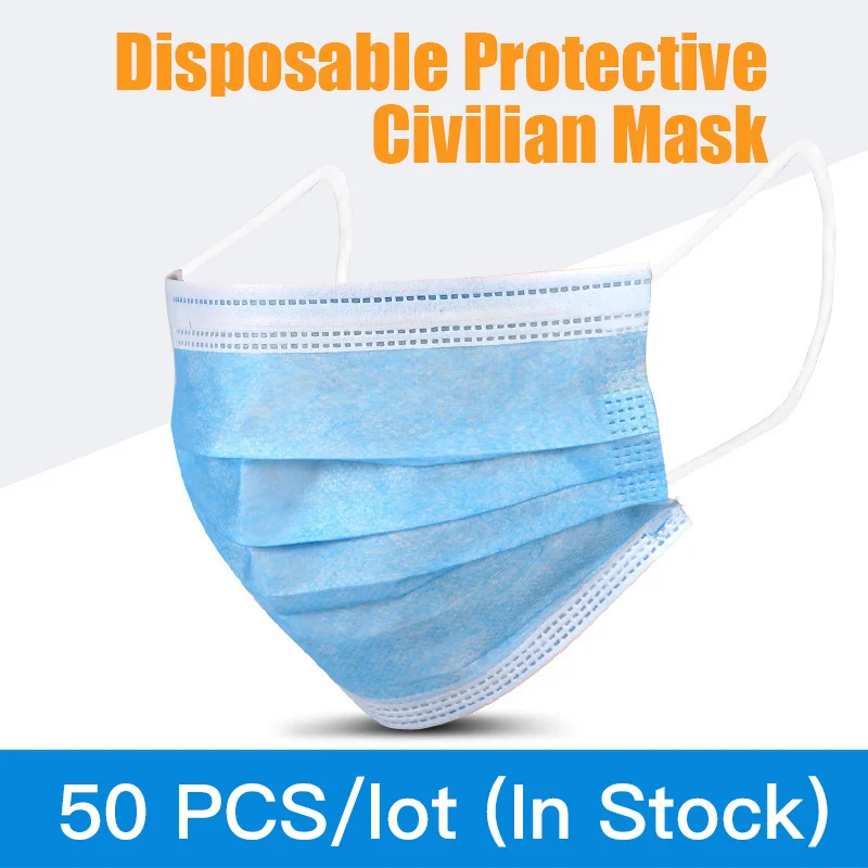 

50pcs 3-layer Disposable Masks for Civil Use Cotton Mouth Mask Anti Dust Mask Windproof for Adults Bacteria Proof Flu Face Masks