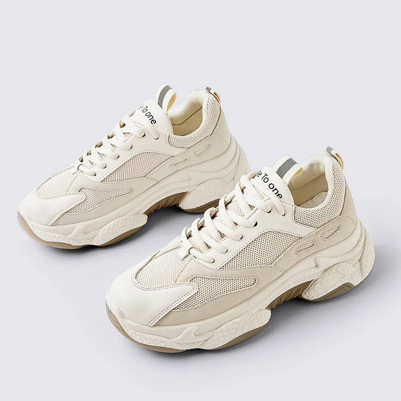Hemmyi Chunky Sneakers Women 6CM Increased Thick Bottom Platform Women Casual Shoes Breathable Mesh Shoes Woman Beige