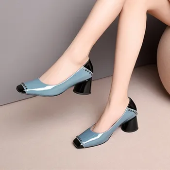 

Fashion rivets full genuine leather square toe high heels women high heel shoes thick heel office ladies shoes