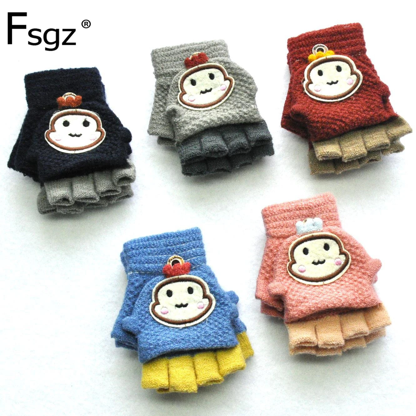 

Children Mittens Pupil Winter Warm Imitate Cashmere Flip Half Finger Gloves Cute Cartoon Small Monkey Applique Patchwork Mittens