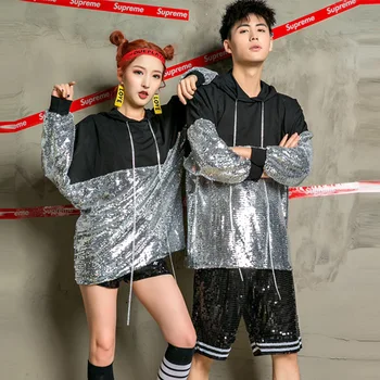 

Jazz Costume Men Hip Hop Clothing Singer Dj Ds Shiny Silver Sequined Long Sleeve Hooded Top Street Dance Rave Outfit DN4355