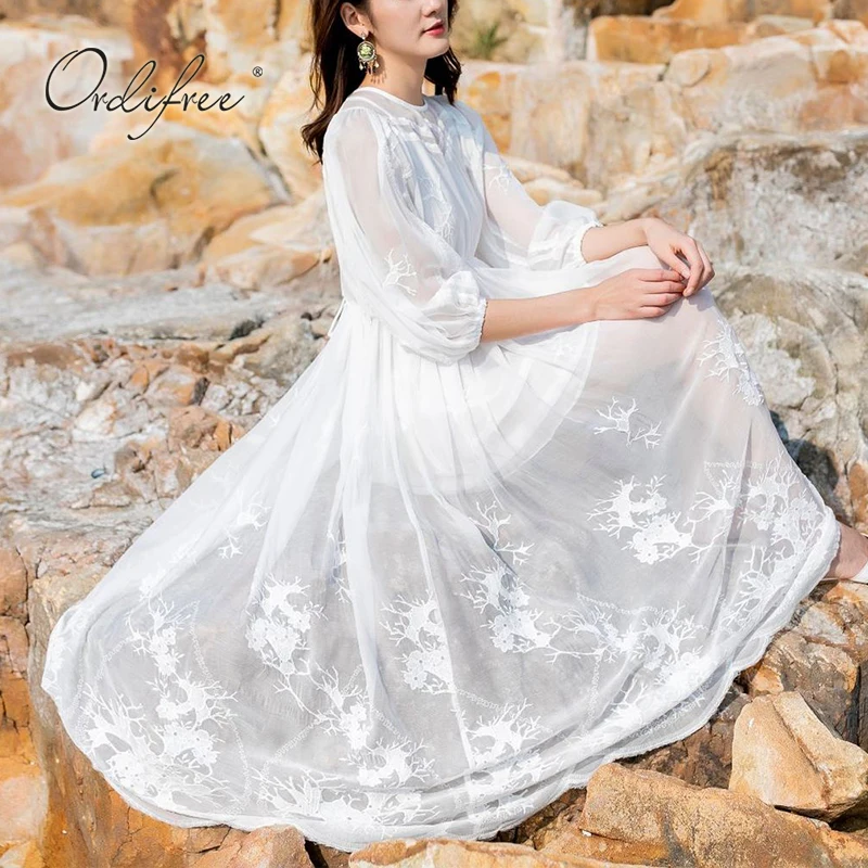 

Ordifree 2022 Summer Women Maxi Dress Half Sleeve Embroidery White Sexy Backless Lace Up Long Beach Dress Vocation
