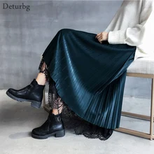 Женская элегантная бархатная Двусторонняя юбка миди, Женская плиссированная кружевная Лоскутная юбка трапециевидной формы с высокой талией, Saias, весна-осень, SK486