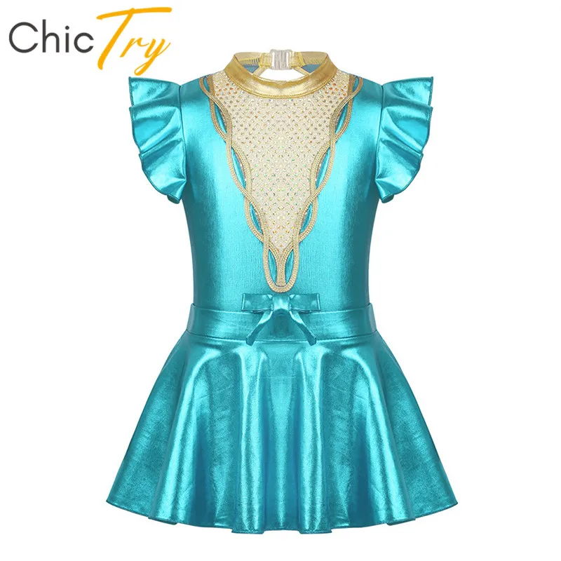 ChicTry, детский танцевальный костюм для выступлений для подростков, комплект из блестящего гимнастического трико с юбкой, балетное платье для девочек