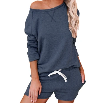 

2 Piece/Set Casual Loose Women Pajamas Set Soft Cotton Long Sleeve Top +Shorts Homewear Solid One Shoulder Female Pyajams