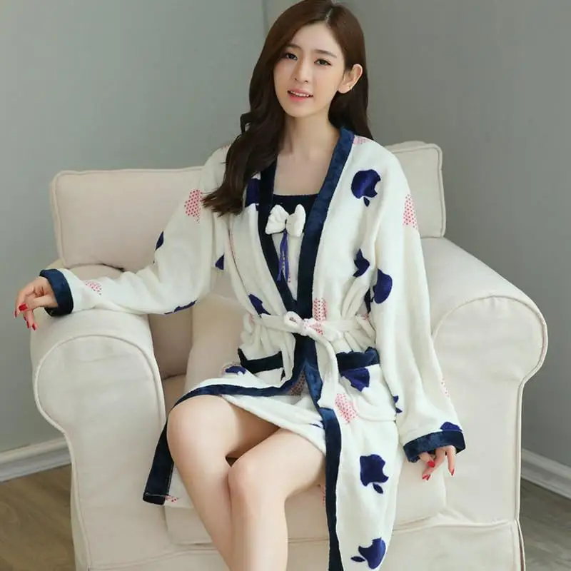 Толстый осенний синий милый женский фланелевый Халат-кимоно, зимний комплект из 2 предметов, ночное белье, сексуальная Домашняя одежда, пеньюар, домашняя одежда - Цвет: Style L