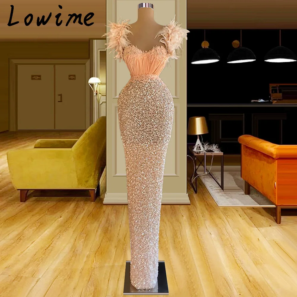 

Fashion Pink Feathers Long Evening Dresses Straps Sparkly Beaded Slit Backless Formal Pageant Gown Mermaid For Women