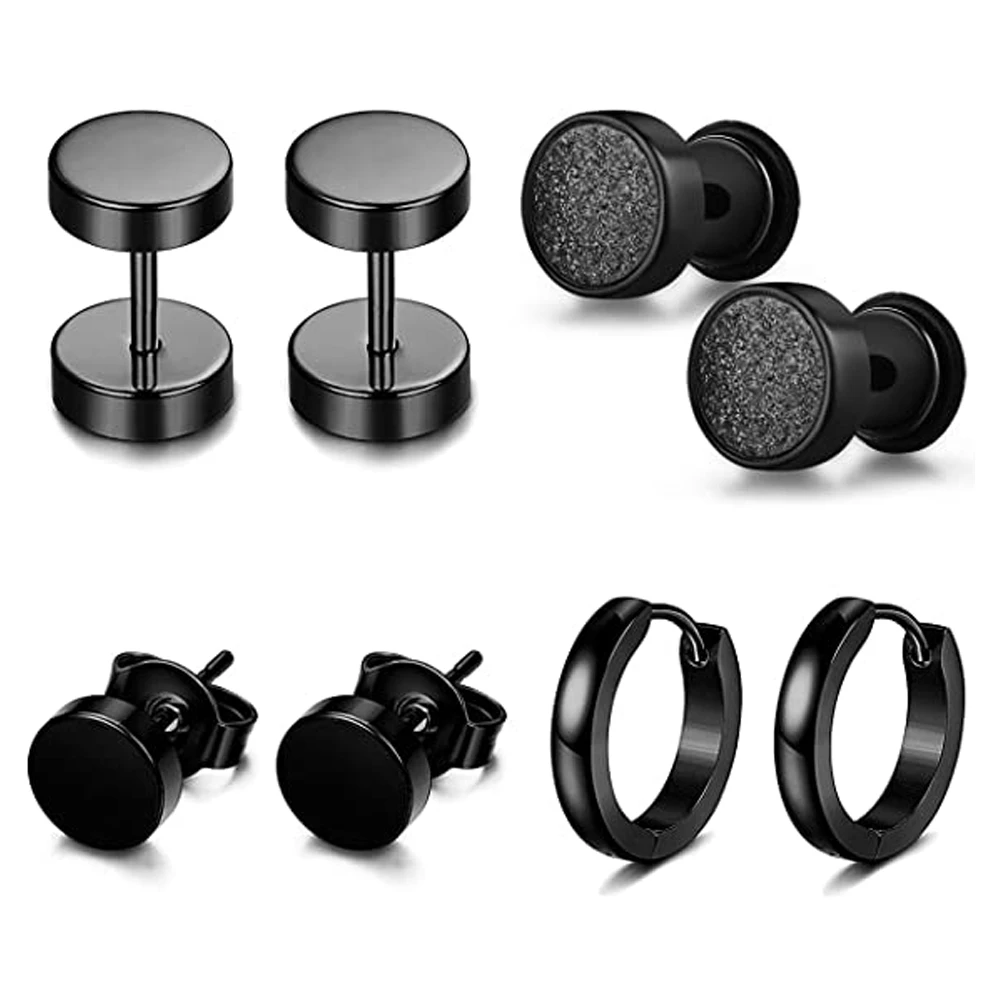 Pendientes aro con cierre de tuerca hombre y mujer, aretes de acero quirúrgico de alto pulido, con parte posterior plana y disco redondo, color negro, 4 aro| -